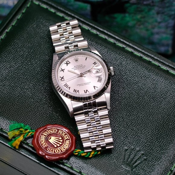 MEN'S ROLEX DATEJUST SILVER ROMAN DIAL FLUTED 36MM WATCH ORIGINAL BOX & PAPERS - Picture 4 of 12